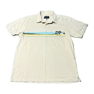 American Eagle Polo Shirt‎ Mens Large Beige Short Sleeve Retro Beach Palm Tree